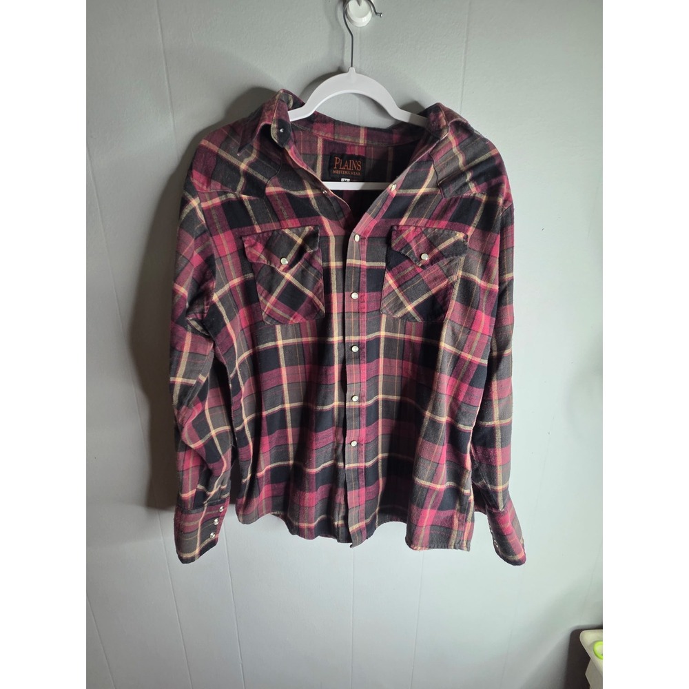 Plains Western Wear Mens Red Black Plaid Pearl Snap‎ Flannel Shirt Medium